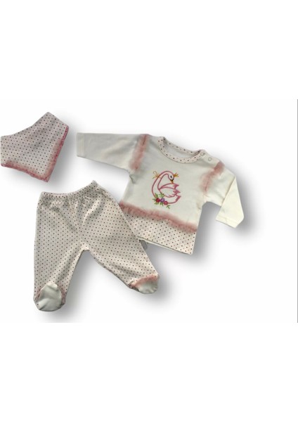 Kraliçe Kuğu Nakışlı Bandajlı Uzun Kollu Sweatli 3lü Kız Bebek Takımı Ekru