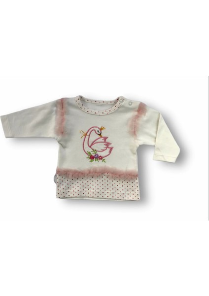 Kraliçe Kuğu Nakışlı Bandajlı Uzun Kollu Sweatli 3lü Kız Bebek Takımı Ekru
