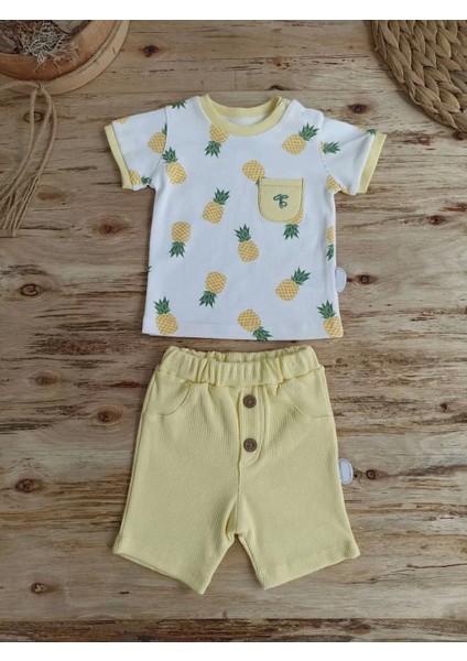 Ananas Baskılı Şort Tişört 2 Li Kız Erkek Bebek Takımı Sarı