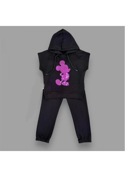Kapşonlu Petli Mickey Desenli Kısa Kol 2li Kız Erkek Çocuk Takımı Siyah