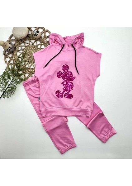 Kapşonlu Petli Mickey Desenli Kısa Kol 2li Kız Erkek Çocuk Takımı Pembe