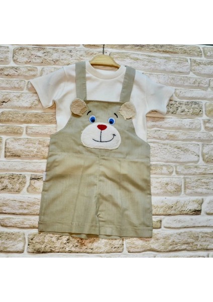 Keten Kumaş Tişörtlü Ayıcık Nakışlı Şort 2li Kız Erkek Bebek Salopet Takımı Bej