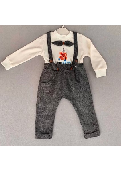 Papyonlu Sweat Kot Pantolon 2li Erkek Bebek Salopet Takımı Gri