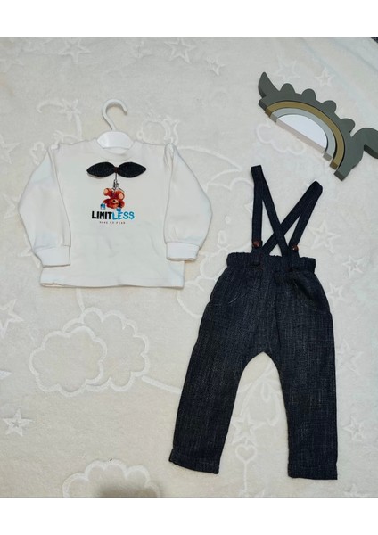 Papyonlu Sweat Kot Pantolon 2li Erkek Bebek Salopet Takımı Gri