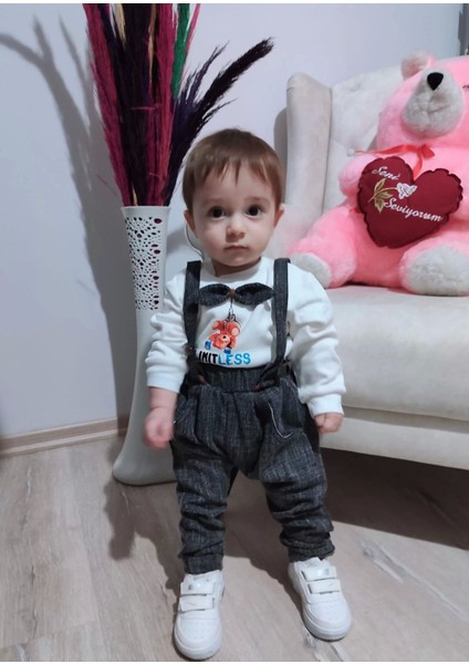 Papyonlu Sweat Kot Pantolon 2li Erkek Bebek Salopet Takımı Gri