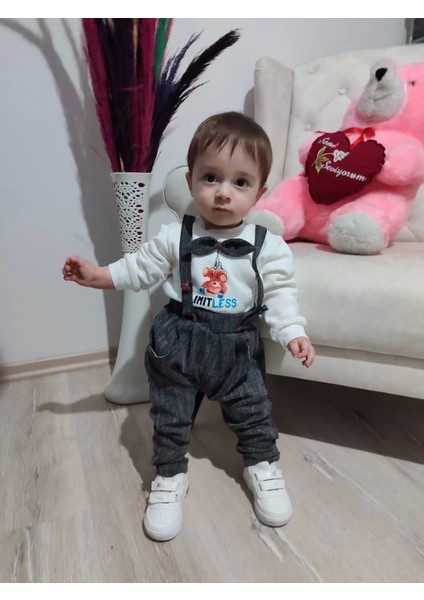 Papyonlu Sweat Kot Pantolon 2li Erkek Bebek Salopet Takımı Gri