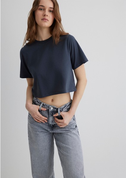 Antrasit Crop Basic Tişört 1613072-70763