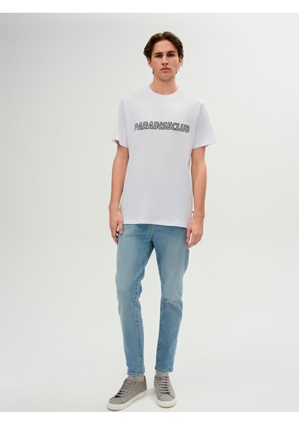 Erkek Sıfır Yaka Sıgn Baskılı Regular Beyaz T-shırt