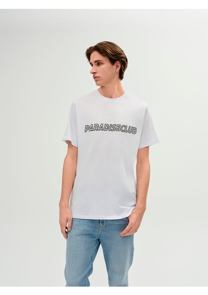 Erkek Sıfır Yaka Sıgn Baskılı Regular Beyaz T-shırt fiyatları