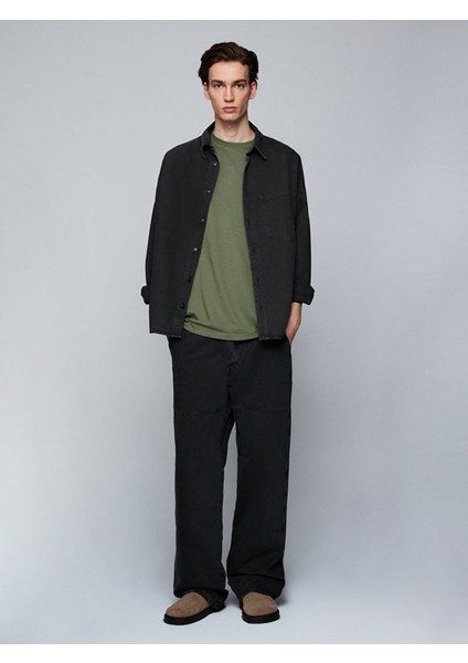 Erkek Sıfır Yaka Basıc Kısa Kol Loose Yeşil T-shırt fırsatları