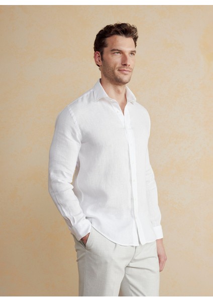 Slim Fit Italyan Yaka Beyaz Erkek Gömlek BBSS25MSH014 fiyatları