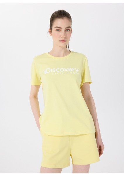 D4SL-TST3053 Sarı Bisiklet Yaka Standart Düz Kadın T-Shirt