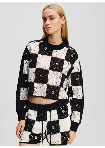 Karl Lagerfeld Jeans Bisiklet Yaka Crop Kareli Siyah - Beyaz Kazak Kadın A2W18030 fiyatları