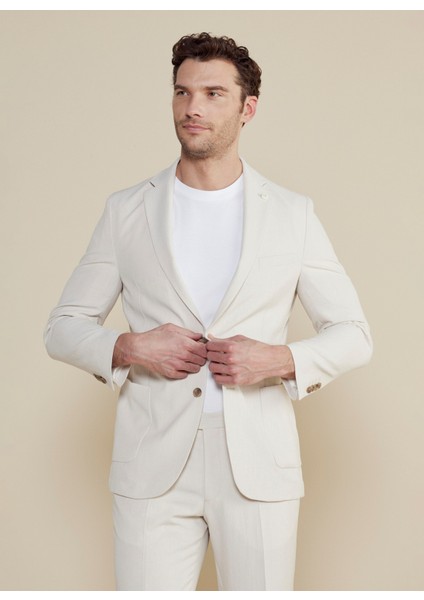 Slim Fit Bej Erkek Çizgili Ceket BBSS25MBL010