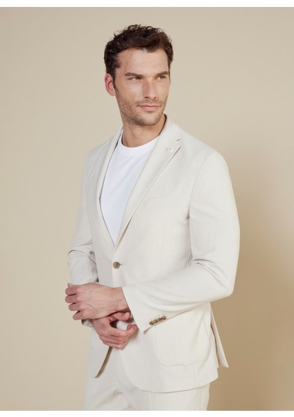Slim Fit Bej Erkek Çizgili Ceket BBSS25MBL010