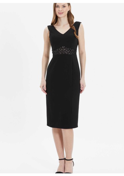 V Yaka Payetli Siyah Standart Kadın Elbise 25YSL7584
