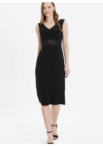 V Yaka Payetli Siyah Standart Kadın Elbise 25YSL7584 modelleri
