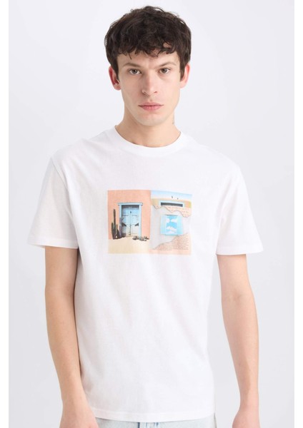 %100 Pamuk Regular Fit Bisiklet Yaka Baskılı Kısa Kollu Tişört E0584AX25SM