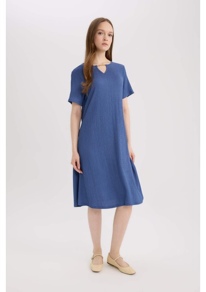 Regular Fit Apaş Yaka Basic Düz Bürümcük Kısa Kollu Midi Elbise D3834AX25SM