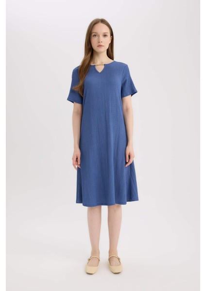 Regular Fit Apaş Yaka Basic Düz Bürümcük Kısa Kollu Midi Elbise D3834AX25SM
