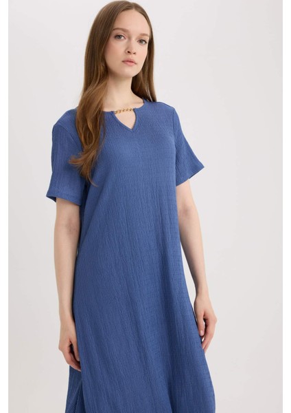 Regular Fit Apaş Yaka Basic Düz Bürümcük Kısa Kollu Midi Elbise D3834AX25SM