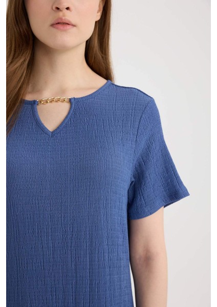 Regular Fit Apaş Yaka Basic Düz Bürümcük Kısa Kollu Midi Elbise D3834AX25SM