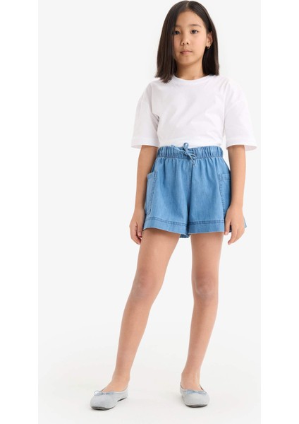 Kız Çocuk Beli Lastikli Cepli Jean Şort B6574A825SM