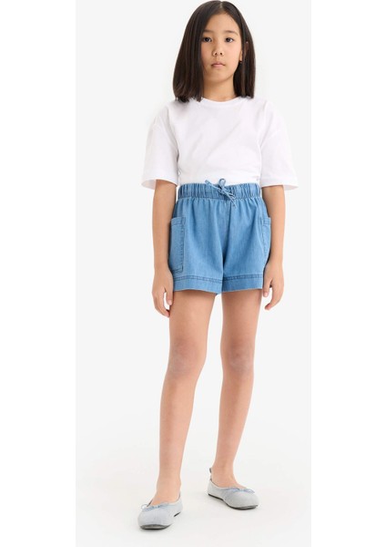 Kız Çocuk Beli Lastikli Cepli Jean Şort B6574A825SM