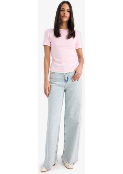 Slim Fit Dar Kesim Bisiklet Yaka Basic Düz Ribana Kısa Kollu Pembe Tişört F3504AX25SM fiyatları