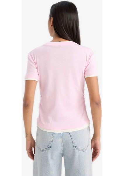 Slim Fit Dar Kesim Bisiklet Yaka Basic Düz Ribana Kısa Kollu Pembe Tişört F3504AX25SM indirimleri