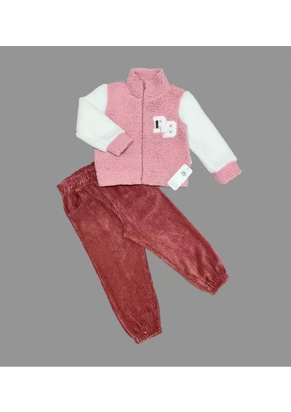 Kuzu Kumaş Fermuarlı Sweat Kadife Pantolonlu Uzun Kollu Kız Erkek Çocuk 2li Takım Gül Kurusu