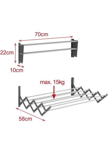 Breezedry Duvara Monte Yer Tasarruflu ve Pratik Dayanıklı Metal Malzemeli Akordiyon Çamaşır Askısı-70 cm Antrasit indirimleri