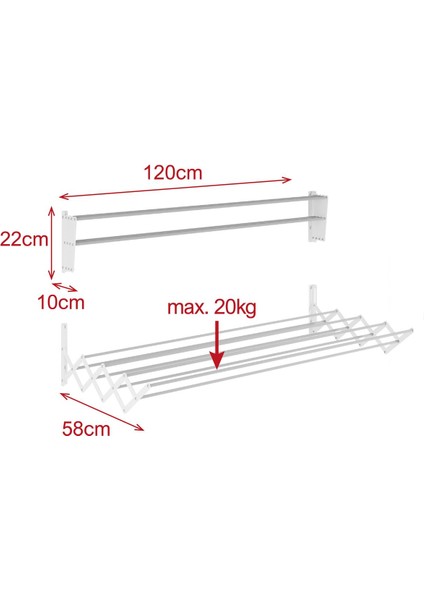 Breezedry Duvara Monte Yer Tasarruflu Pratik Dayanıklı Metal Akordiyon Çamaşır ASKISI-120 cm Beyaz
