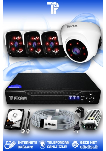 4 Kameralı Panda 1 İç Kamera Set 1 TB HDD Full HD Gece Görüşlü Güvenlik Kamerası Sistemi
