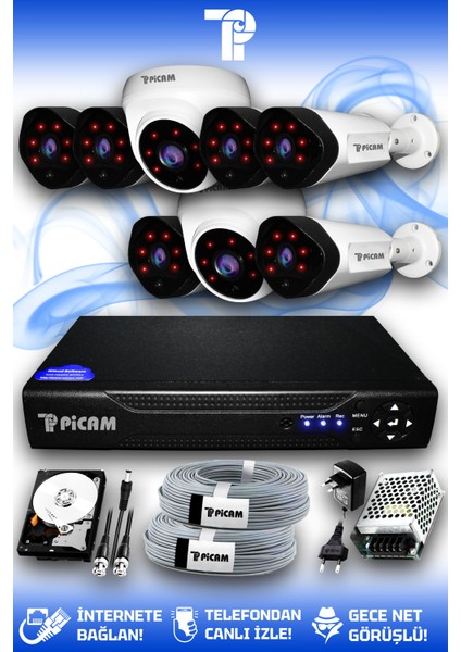 8 Kameralı Uzay 2 İç Kamera Set 1 TB HDD Full HD Gece Görüşlü Güvenlik Kamerası Sistemi