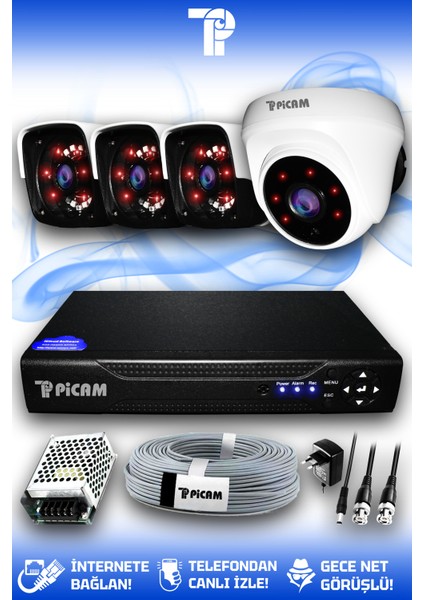 4 Kameralı Panda 1 İç Kamera Set HDD'siz Full HD Gece Görüşlü Güvenlik Kamerası Sistemi
