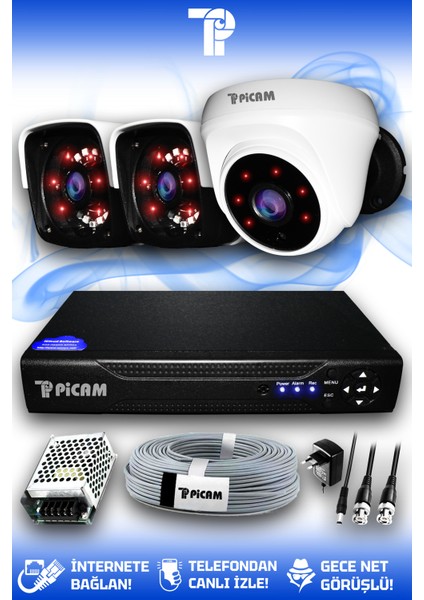3 Kameralı Panda 1 İç Kamera Set HDD'siz Full HD Gece Görüşlü Güvenlik Kamerası Sistemi