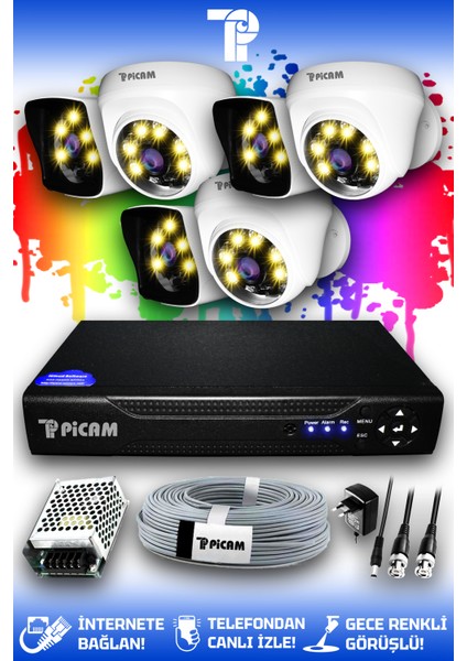 6 Kameralı Kare 3 İç Kamera Set HDD'siz Full HD Renkli Gece Görüşlü Güvenlik Kamerası Sistemi