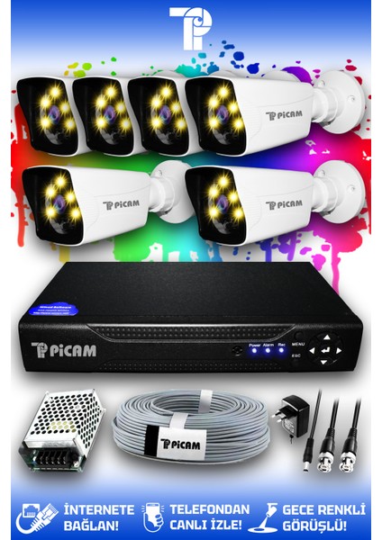 6 Kameralı Kare 6 Dış Kamera Set HDD'siz Full HD Renkli Gece Görüşlü Güvenlik Kamerası Sistemi