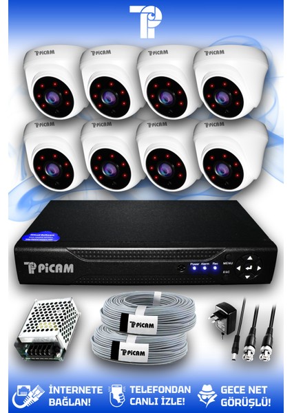 8 Kameralı Dome 8 İç Kamera Set HDD'siz Full HD Gece Görüşlü Güvenlik Kamerası Sistemi