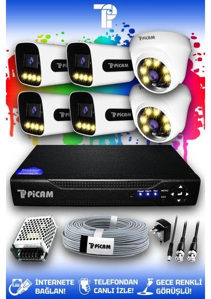 6 Kameralı Zebra 2 İç Kamera Set HDD'siz Full HD Renkli Gece Görüşlü Güvenlik Kamerası Sistemi