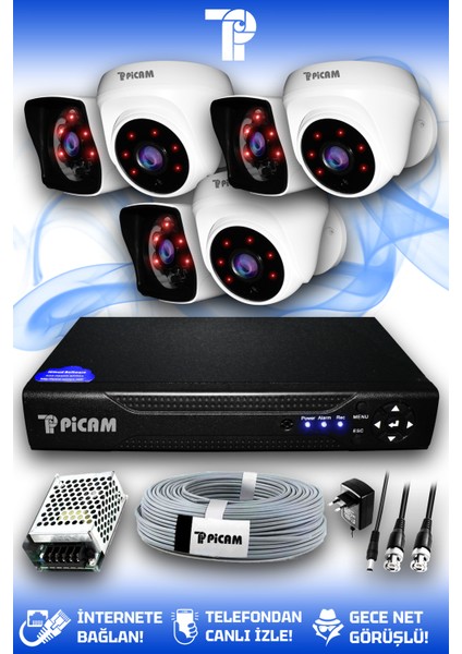 6 Kameralı Kare 3 İç Kamera Set HDD'siz Full HD Gece Görüşlü Güvenlik Kamerası Sistemi