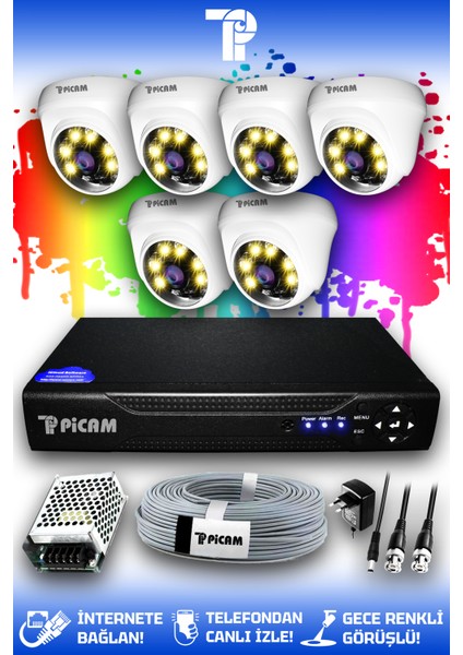 6 Kameralı Dome 6 İç Kamera Set HDD'siz Full HD Renkli Gece Görüşlü Güvenlik Kamerası Sistemi