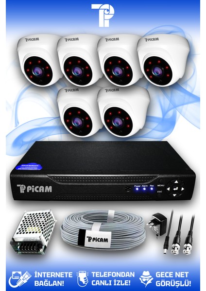6 Kameralı Dome 6 İç Kamera Set HDD'siz Full HD Gece Görüşlü Güvenlik Kamerası Sistemi