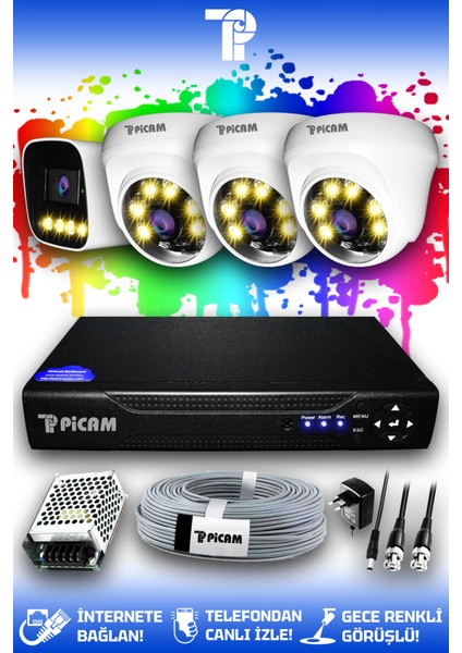4 Kameralı Zebra 3 İç Kamera Set HDD'siz Full HD Renkli Gece Görüşlü Güvenlik Kamerası Sistemi
