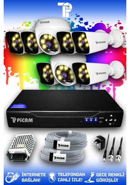 8 Kameralı Kare 2 İç Kamera Set HDD'siz Full HD Renkli Gece Görüşlü Güvenlik Kamerası Sistemi