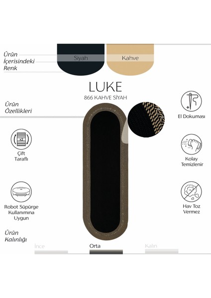 Luke 866 Siyah Oval Yolluk Uzun Antre Hol Koridor Halısı Hasır Dokulu Dekoratif Jüt Banyo Paspası