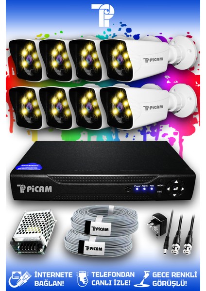 8 Kameralı Kare 8 Dış Kamera Set HDD'siz Full HD Renkli Gece Görüşlü Güvenlik Kamerası Sistemi