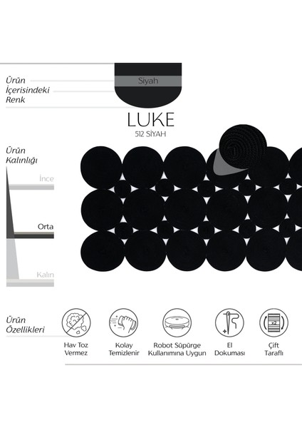 Luke 512 Siyah Yolluk Uzun Halı Antre Hol Koridor Halısı Hasır Dokulu Dekoratif Jüt Banyo Paspası