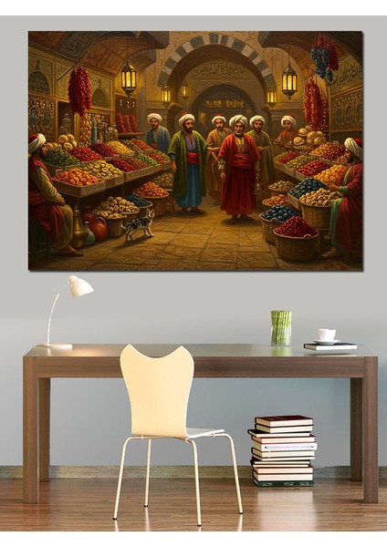 Osmanlı Çarşıda Baharatçı Tezgâhı Dekoratif Kanvas - Mdf Ahşap Tablo